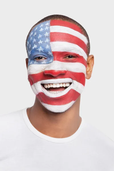 Portrait Happy Young Hispanic Man North American Flag Painted Face — Stock Photo, Image