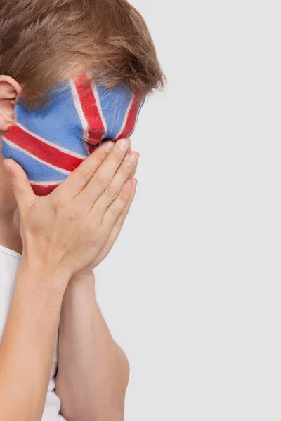 Sad Young Caucasian Man British Flag Painted Face White Background — Stock Photo, Image