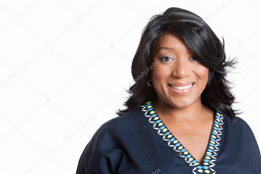 Portrait of casual mixed race woman over white background