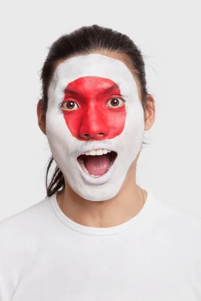 Porträt Eines Überraschten Jungen Mischlingshundes Mit Japanischer Flagge Vor Weißem — Stockfoto