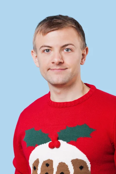 Close Portrait Young Man Sweater Blue Background — Stock Photo, Image