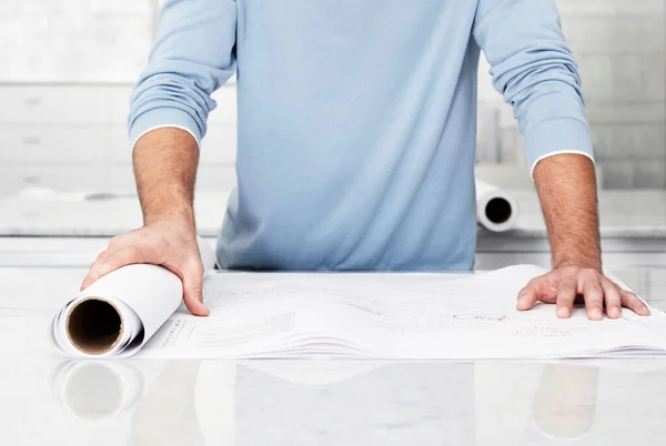 Cropped Photo Architect Holding Plans Office — Stock Photo, Image