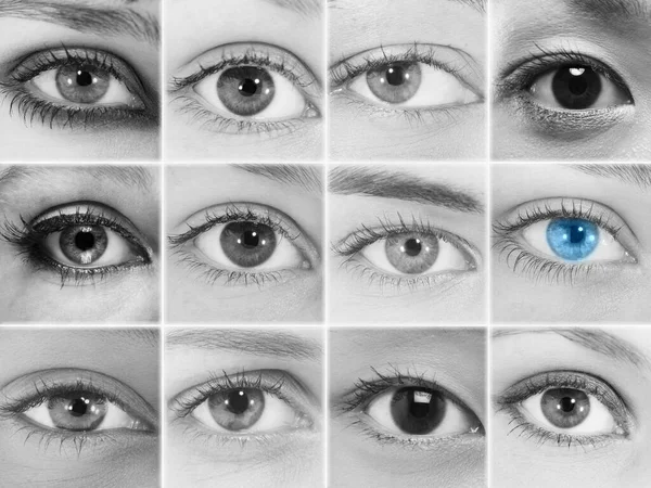 Preto Branco Colagem Foto Olhos Onde Azul — Fotografia de Stock