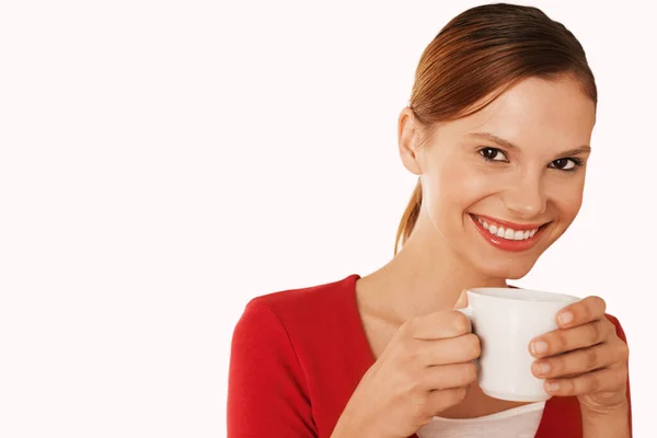 Piękna Kobieta Pije Kawę Białym Tle — Zdjęcie stockowe