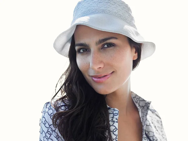 Portrait Beautiful Young Brunette Woman Wearing Cap — Stock Photo, Image