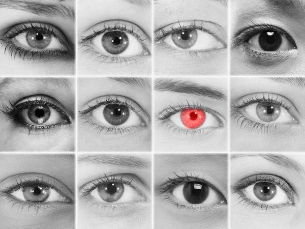 Preto Branco Colagem Foto Olhos Onde Vermelho — Fotografia de Stock