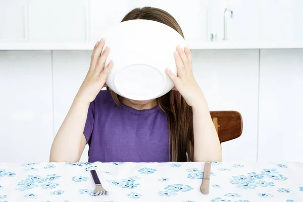 Young Girl Drinking Bowl Kitchen Table — Stock Photo, Image