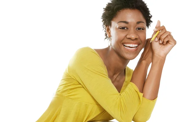 Portrait Beautiful Black African American Woman Wearing Yellow Top — Stock Photo, Image