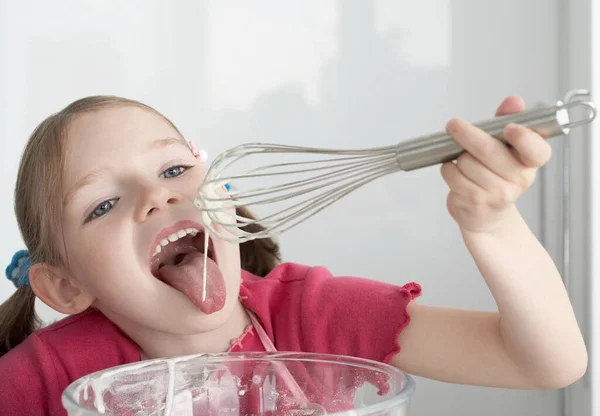 Girl Licking Cream Wire Whisk — Stock Photo, Image