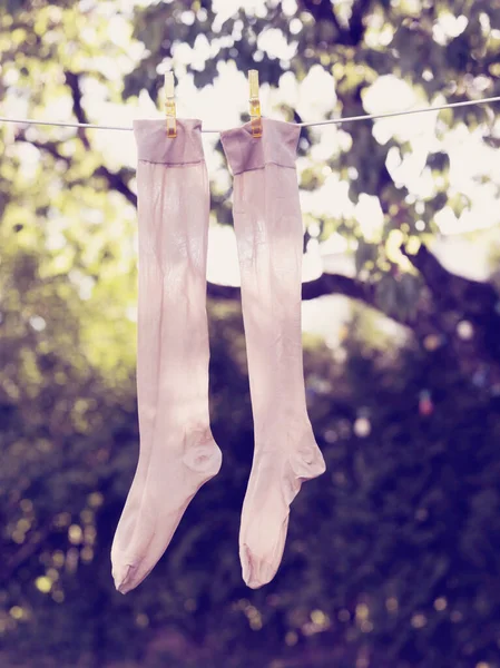 Pair Socks Drying Clothesline — Stock Photo, Image