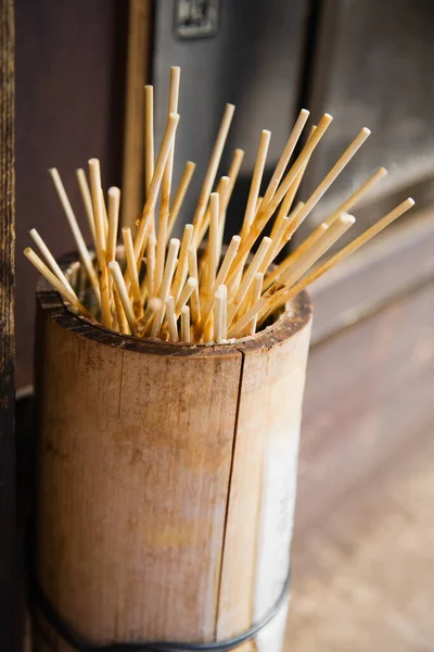 Japan Takayama Skewers Japanese Dumplings Dango Wooden Bucket — Stock Photo, Image