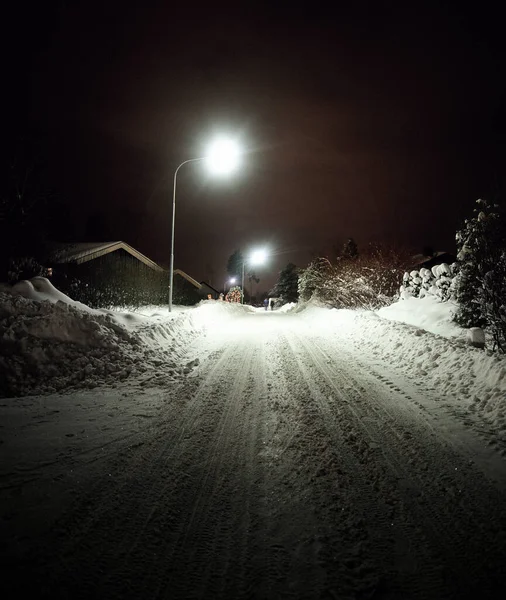 Rua Coberta Neve Noite — Fotografia de Stock