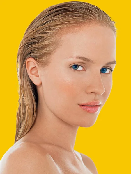 Young Blond Woman Blue Eyes Yellow Background — Stock Photo, Image