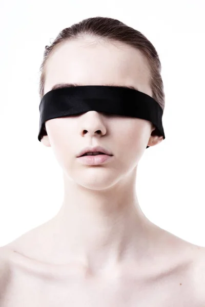 Caucasian Woman Wearing Blindfold — Stock Photo, Image