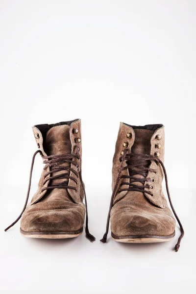 Brown Worn Vintage Boots Untied Laces Studio — Stock Photo, Image