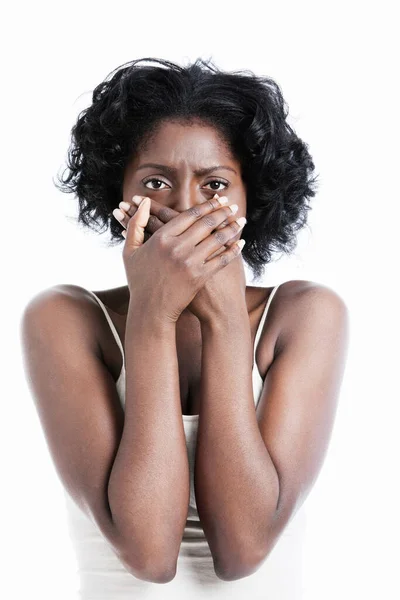 Black Female Hands Her Mouth — Stock Photo, Image