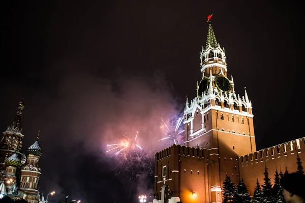 Salute Honor New Year 2019 Red Square Kremlin Spasskaya Tower — Stock Photo, Image