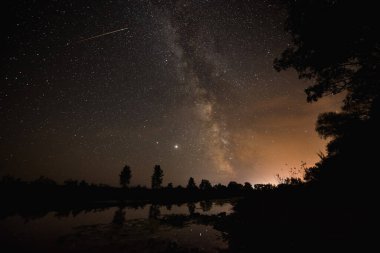 Gece yıldızlı gökyüzü, göl üzerinde Samanyolu