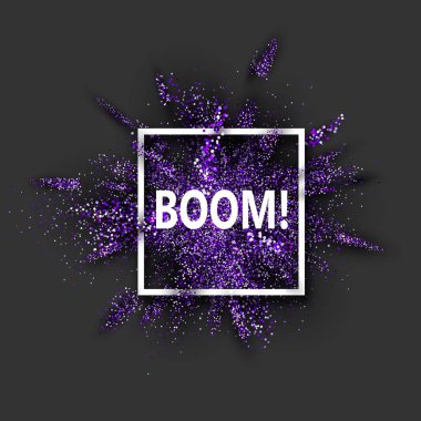 Boom mor glitter gri arka plan üzerinde beyaz kare çerçeve patlamada. Vektör çizim.