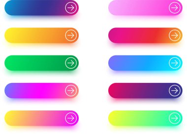 Oklu beyaz arka plan üzerinde izole renkli sonraki düğmesini şablonları kümesi. Vektör çizim