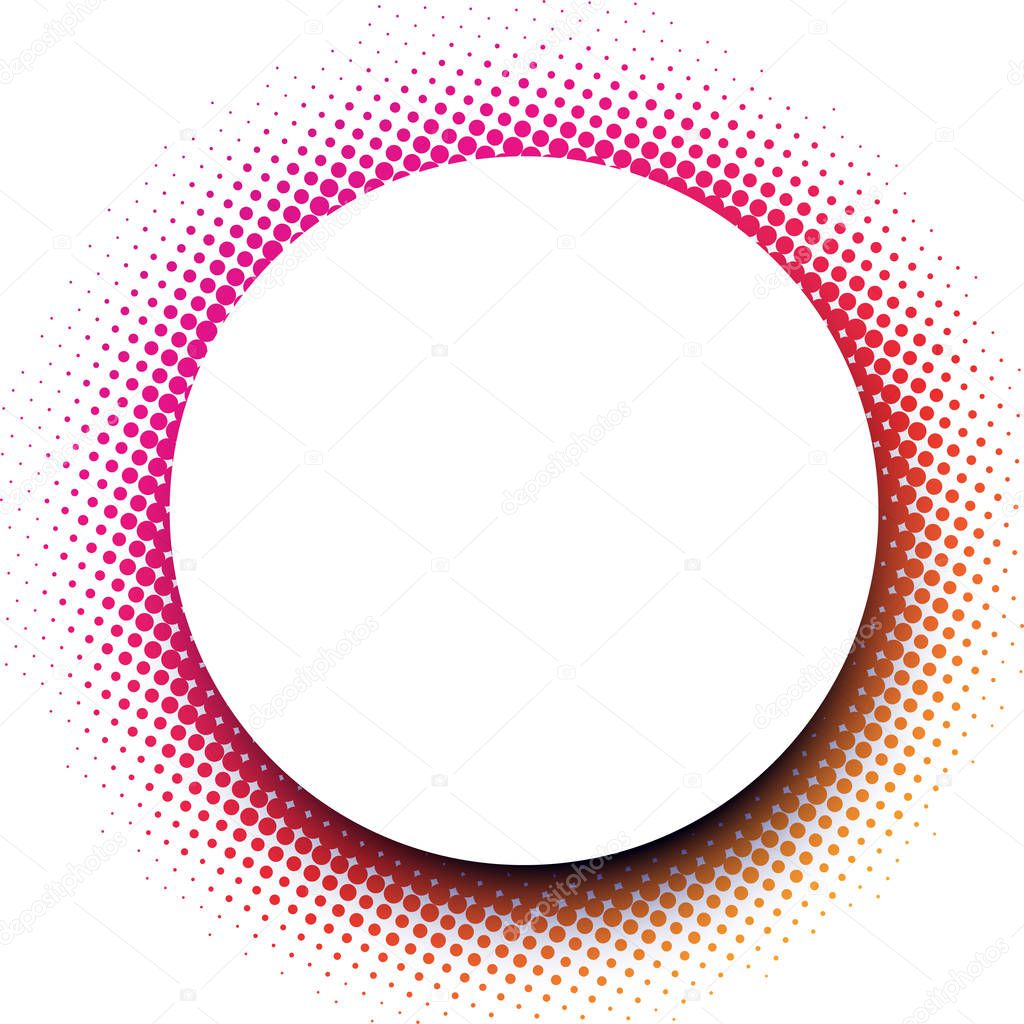 White round background with abstract pink dotted pattern. Halftone effect. Vector illustration.