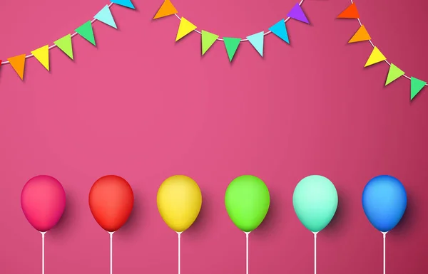Festlich Rosa Hintergrund Mit Realistischen Luftballons Und Farbfahnen — Stockvektor