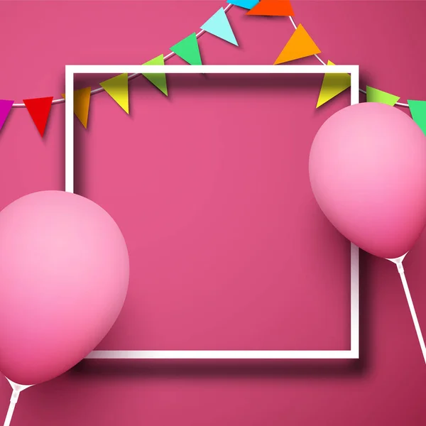 Festlich Rosa Hintergrund Mit Realistischen Luftballons Und Farbfahnen — Stockvektor