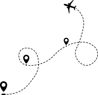 Siyah beyaz arka plan üzerinde uçan uçak ve geolocation markasıdır. Mobil uygulama için ekranı. Turistik hizmet ve transfer. Tatil ve tatil. Rezervasyon ve uçak bileti satışı. On-line izleme. Vektör çizim.
