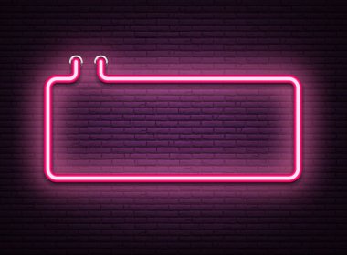 Pembe neon ışıklı tabela gerçekçi örmek duvarda. Dokulu arka plan. Vektör çizim
