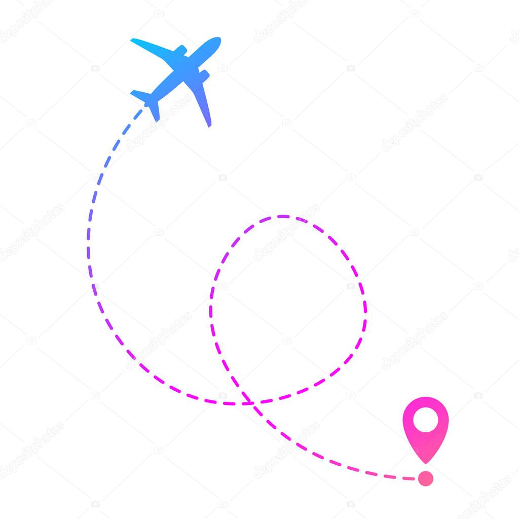 Spectrum flying plane and mark of geolocation on white background. Splash screen for mobile application. Tourist service. Holidays and vacations. Booking and sale of air tickets. On-line tracking. Vector illustration