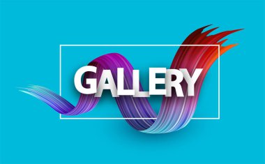 Galeri poster beyaz çerçeve ve spektrum fırça darbesi üzerinde mavi arka plan ile. Renkli gradyan fırçası tasarım. Vektör kağıt çizim.