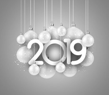 Gri 2019 yeni yıl arka plan beyaz Noel topları ile. Festival parlak dekorasyon. Tebrik kartı. Vektör çizim