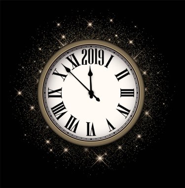Yuvarlak saat beyaz ve altın ile siyah parlak 2019 yeni yıl geçmiş. Güzel Noel tebrik kartı veya dekorasyon. Vektör çizim