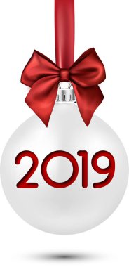 2019 yeni yıl kartı ile 3d Noel top beyaz ve kırmızı güzel saten izole üzerinde beyaz arka plan yay. Tebrik kartı veya festival dekorasyon. Vektör çizim