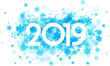 Beyaz zemin üzerine mavi güzel kar taneleri ile kış 2019 işareti. Vektör kağıt çizim