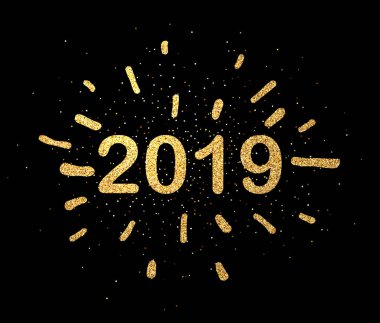 Siyah 2019 yeni yıl arka plan parlak altın rakamları ile. Noel tebrik kartı veya poster şablonu. Vektör çizim.