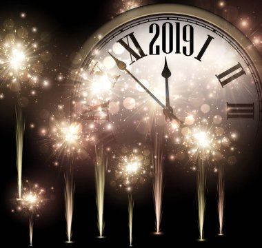 Saat ve altın havai fişek ile parlak 2019 yeni yıl arka plan. Güzel Noel tebrik kartı. Vektör çizim