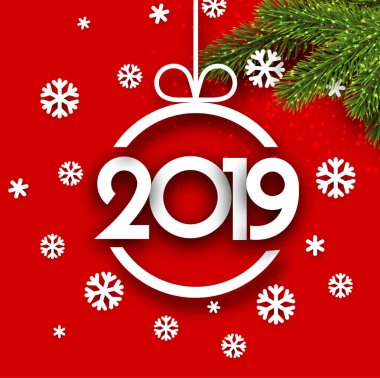 Çam dalları, Noel top ve güzel kar taneleri ile kırmızı 2019 yeni yıl arka plan. Noel tebrik kartı veya poster şablonu. Vektör çizim.