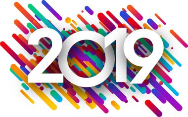 Beyaz arka plan üzerinde renkli boya darbeleri ile 2019 yeni yıl işareti. Vektör kağıt çizim.