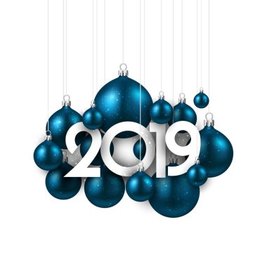 Beyaz 2019 yeni yıl arka plan mavi Noel topları ile. Festival parlak dekorasyon. Tebrik kartı şablonu. Vektör çizim.