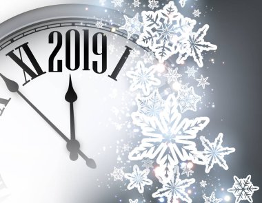 Gri parlak 2019 yeni yıl arka plan ile gümüş saat ve kar taneleri. Güzel Noel tebrik kartı. Vektör çizim.