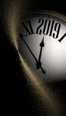 Siyah ve altın parlak 2019 yeni yıl arka plan ile masa saati. Güzel Noel tebrik kartı veya dekorasyon. Vektör çizim