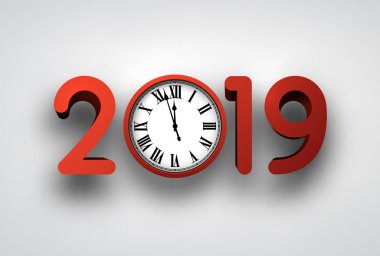 Kırmızı 2019 yeni yıl işareti rakamları ve beyaz arka plan üzerinde izole saat ile. Noel tebrik kartı ve dekorasyon için festival şablon. Vektör çizim