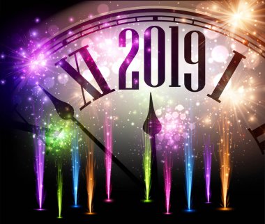 Saat ve renkli havai fişek ile parlak 2019 yeni yıl arka plan. Vektör çizim