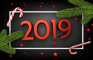 Siyah 2019 mutlu yeni yıl arka plan beyaz bir çerçeve, çam dalları ve kırmızı şeker kamışı. Noel tebrik kartı. Vektör çizim