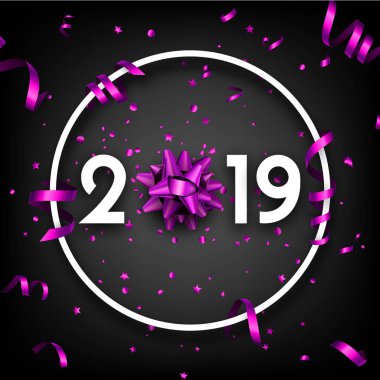 Siyah 2019 mutlu yeni yıl arka plan beyaz yuvarlak çerçeve ve güzel mor yayla kıvrıla kıvrıla. Noel tebrik kartı veya poster. Vektör çizim