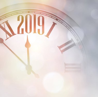 Parlak saatiyle 2019 yeni yıl arka plan bulanık. Güzel Noel tebrik kartı. Vektör bokeh çizim.