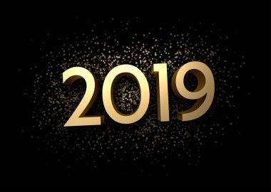 Altın 2019 3d siyah arka plan üzerine oturum açın. Vektör çizim.