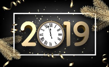 Gri 2019 mutlu yeni yıl arka plan beyaz bir çerçeve, altın saat, çam dalları ve serpantin ile. Noel tebrik kartı. Vektör çizim