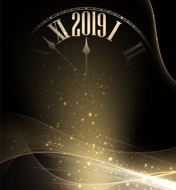 Siyah ve altın parlak 2019 yeni yıl arka plan bulanık saati ile. Güzel Noel tebrik kartı şablonu. Vektör çizim